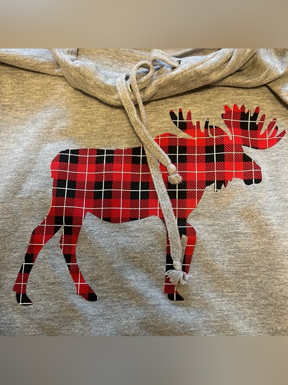 GRAY w/RED & BLACK PLAID MOOSE COWL NECK SWEATSHIRT Women’s 1X - Picture 2 of 5
